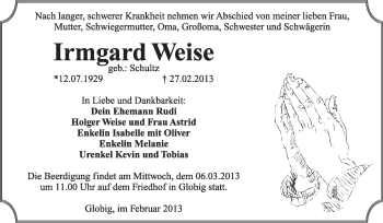 Traueranzeige von Irmgard Weise von WVG - Wochenspiegel Wittenberg