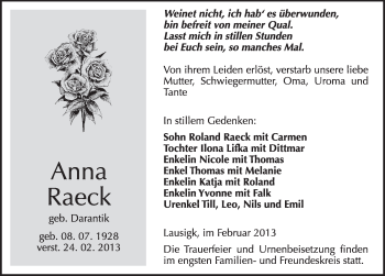 Traueranzeige von Anna Raeck von Super Sonntag Dessau / Köthen