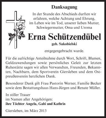 Traueranzeige von Erna Schützendübel von Super Sonntag Aschersleben