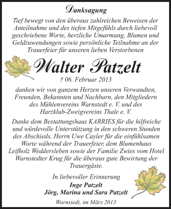 Traueranzeige von Walter Patzelt von WVG - Wochenspiegel Quedlinburg
