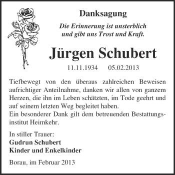 Traueranzeige von Jürgen Schubert von WVG - Wochenspiegel NMB / WSF / ZTZ
