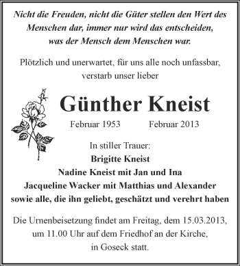 Traueranzeige von Günther Kneist von WVG - Wochenspiegel NMB / WSF / ZTZ