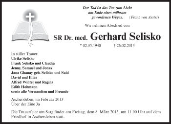 Traueranzeige von Gerhard Selisko von WVG - Wochenspiegel Aschersleben