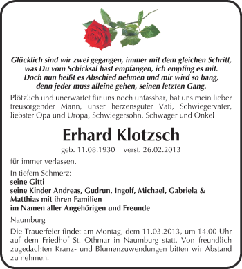 Traueranzeige von Erhard Klotzsch von WVG - Wochenspiegel NMB / WSF / ZTZ