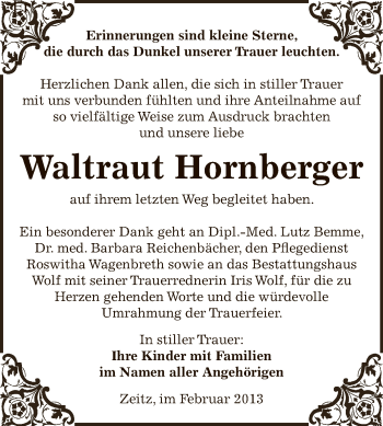 Traueranzeige von Waltraut Hornberger von Super Sonntag Zeitz