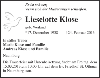 Traueranzeige von Lieselotte Klose von WVG - Wochenspiegel NMB / WSF / ZTZ