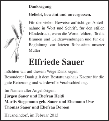 Traueranzeige von Elfriede Sauer von WVG - Wochenspiegel Quedlinburg