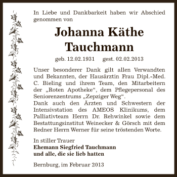 Traueranzeige von Johanna Käthe Tauchmann von Super Sonntag Bernburg