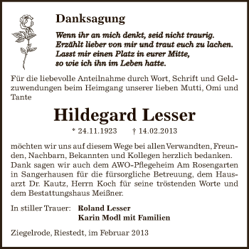 Traueranzeige von Hildegard Lesser von Super Sonntag SGH Mansf. Land