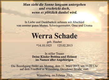 Traueranzeige von Werra Schade von WVG - Wochenspiegel Wittenberg