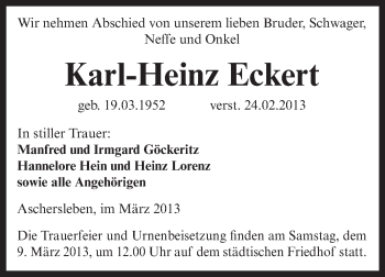 Traueranzeige von Karl-Heinz Eckert von Super Sonntag Aschersleben
