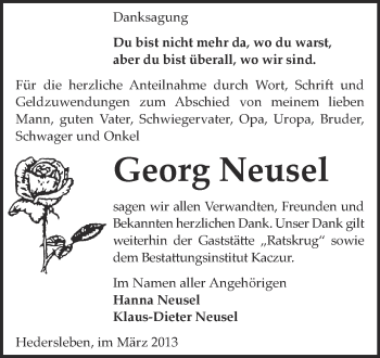 Traueranzeige von Georg Neusel von WVG - Wochenspiegel Quedlinburg