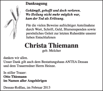 Traueranzeige von Christa Thiemann von Super Sonntag Dessau / Köthen