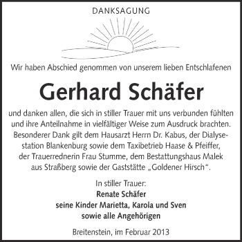 Traueranzeige von Gerhard Schäfer von WVG - Wochenspiegel Quedlinburg