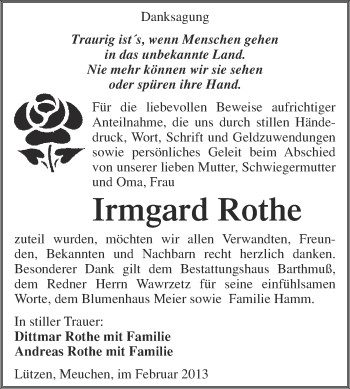 Traueranzeige von Irmgard Rothe von WVG - Wochenspiegel Merseburg