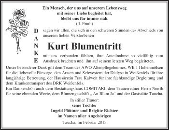 Traueranzeige von Kurt Blumentritt von WVG - Wochenspiegel NMB / WSF / ZTZ