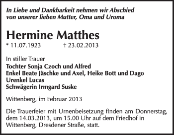 Traueranzeige von Hermine Matthes von WVG - Wochenspiegel Wittenberg