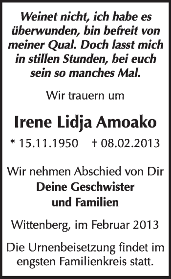 Traueranzeige von Irene Lidja Amoako von WVG - Wochenspiegel Wittenberg