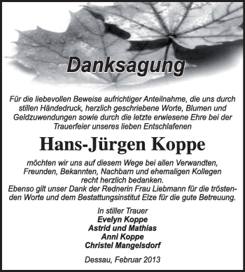 Traueranzeige von Hans-Jürgen Koppe von Super Sonntag Dessau / Köthen