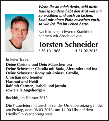 Traueranzeige von Torsten Schneider von WVG - Wochenspiegel Wittenberg