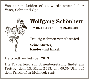 Traueranzeige von Wolfgang Schönherr von Wochenspiegel Mansfelder Land
