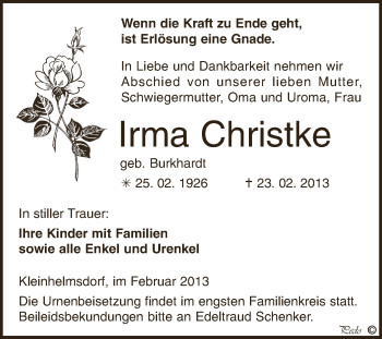 Traueranzeige von Irma Christke von Super Sonntag Zeitz