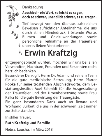 Traueranzeige von Erwin Kraftzig von WVG - Wochenspiegel NMB / WSF / ZTZ