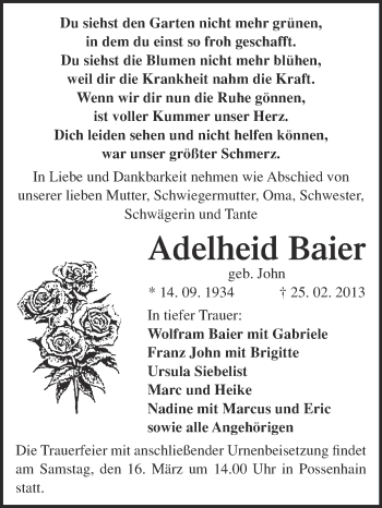 Traueranzeige von Adelheid Baier von WVG - Wochenspiegel NMB / WSF / ZTZ