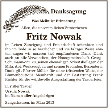 Traueranzeige von Fritz Nowak von Super Sonntag SGH Mansf. Land