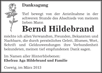 Traueranzeige von Bernd Hildebrand von WVG - Wochenspiegel Dessau / Köthen
