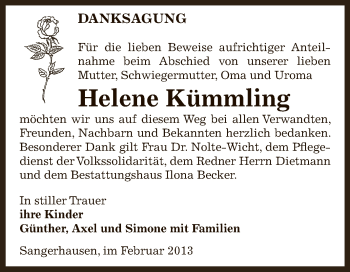 Traueranzeige von Helene Kümmling von Super Sonntag SGH Mansf. Land