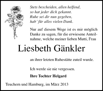 Traueranzeige von Liesbeth Gänkler von WVG - Wochenspiegel NMB / WSF / ZTZ