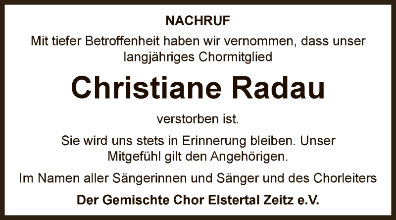  Traueranzeige für Christiane Radau vom 03.03.2013 aus Super Sonntag Zeitz