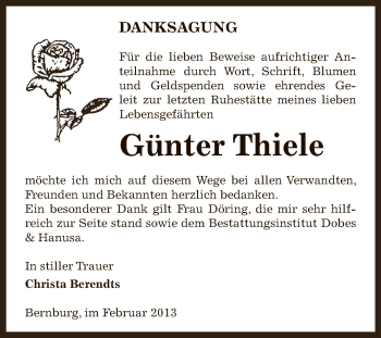 Traueranzeige von Günter Thiele von Super Sonntag Bernburg