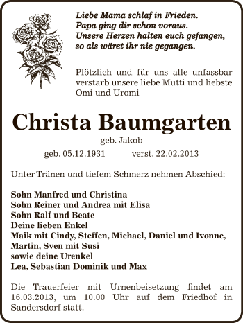 Traueranzeige von Christa Baumgarten von WVG - Wochenspiegel Bitterfeld