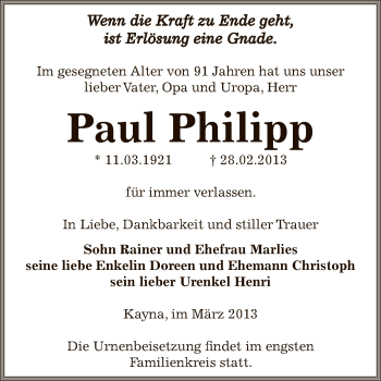 Traueranzeige von Paul Philipp von Super Sonntag Zeitz