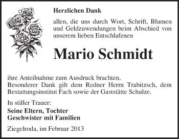 Traueranzeige von Mario Schmidt von WVG - Wochenspiegel Merseburg