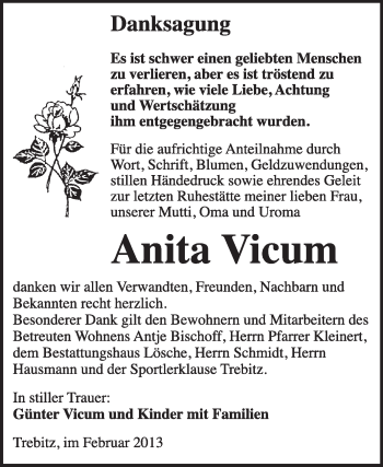 Traueranzeige von Anita Vicum von WVG - Wochenspiegel Wittenberg