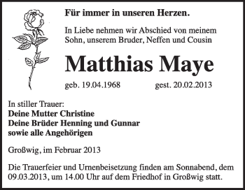 Traueranzeige von Matthias Maye von WVG - Wochenspiegel Wittenberg