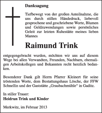 Traueranzeige von Raimund Trink von WVG - Wochenspiegel Wittenberg