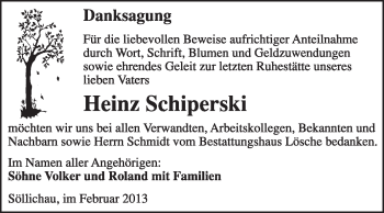 Traueranzeige von Heinz Schiperski von WVG - Wochenspiegel Wittenberg