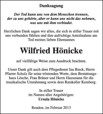 Traueranzeige von Wilfried Hönicke von WVG - Wochenspiegel Wittenberg