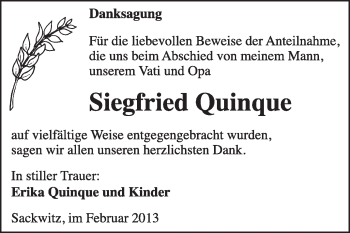 Traueranzeige von Siegfried Quinque von WVG - Wochenspiegel Wittenberg