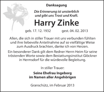 Traueranzeige von Harry Zinke von WVG - Wochenspiegel NMB / WSF / ZTZ