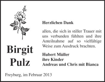 Traueranzeige von Birgit Pulz von WVG - Wochenspiegel NMB / WSF / ZTZ