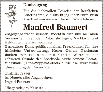 Traueranzeige von Manfred Baumert von Wochenspiegel Mansfelder Land