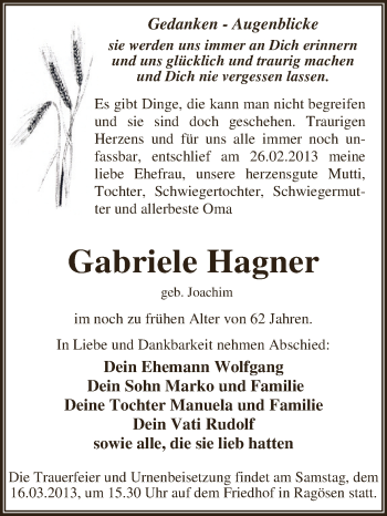 Traueranzeige von Gabriele Hagner von WVG - Wochenspiegel Dessau / Köthen