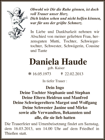 Traueranzeige von Daniela Haude von WVG - Wochenspiegel Dessau / Köthen