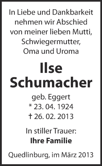 Traueranzeige von Ilse Schumacher von WVG - Wochenspiegel Quedlinburg
