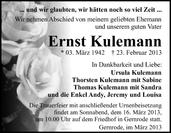 Traueranzeige von Ernst Kulemann von WVG - Wochenspiegel Quedlinburg